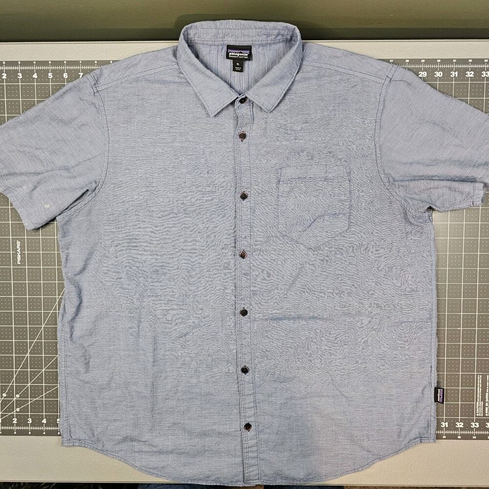 Patagonia Shirt Mens XL Blue Striped Organic Cotton Slub Poplin Preppy Outdoors